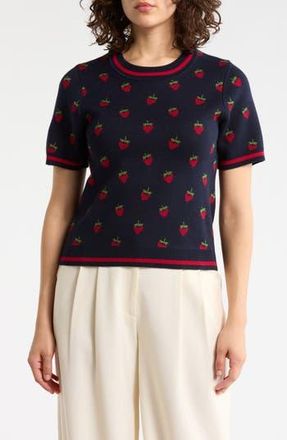 Adrianna Papell Short Sleeve Jacquard Sweater in Navy Strawberry at Nordstrom Rack, Size X-Small