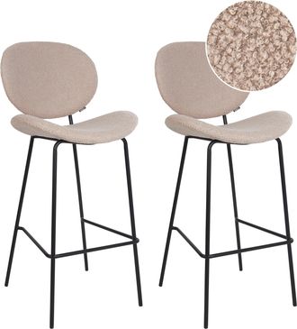 Beliani Beliani - Conjunto De 2 Sillas De Bar Boucl&eacute; Hierro Patas Negras Tapas Sin Reposabrazos Dise&ntilde;o Retro Comedor Beige Claro Luana