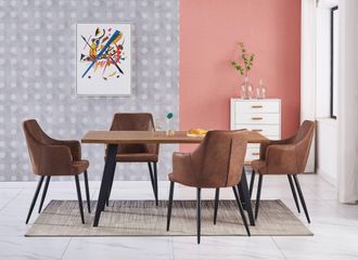 Life Interiors Life Interiors - Rocco Lux Zarah - Mesa De Comedor De Madera De Roble Y Juego De 4 Sillas De Comedor De Cuero Marr&oacute;n - Comedor Cocina