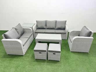 Fimous Patio PE Wicker 8 Seater Outdoor Rattan Furniture Sofa Sets w/ Oblong Coffee Table Reclining Chair Loveseat Sofa 3 Seater Sofa Stool Side