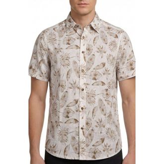 Report Collection Tropical Print Short Sleeve Linen & Cotton Button-Up Shirt in Beige at Nordstrom Rack, Size Xx-Large