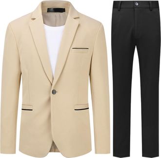 AlltheMen Mens 2 Pieces Suit Casual 1 Button Dress Suits Solid Color Stylish Wedding Dress Suit Khaki (Black Pants) XXL