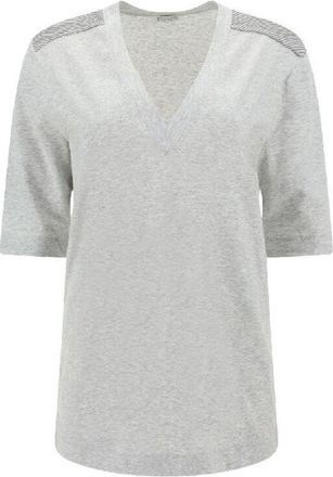 Brunello Cucinelli WomenS Silver Cotton Blend V Neck Shirt, Size XS