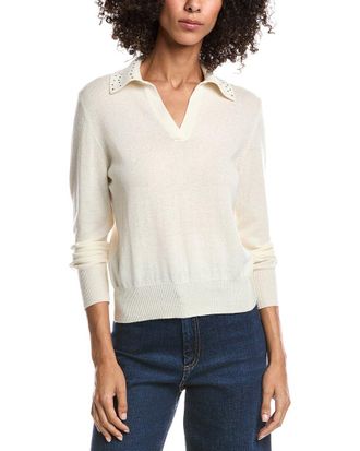 Forté Cashmere Wool & Cashmere-Blend Crystal Polo Sweater