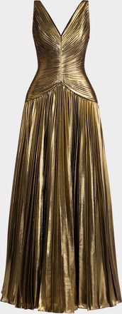 Zac Posen Sleeveless Pleated Metallic Chiffon Gown