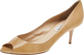 Jimmy Choo London Beige Patent Leather Peep Toe Pumps