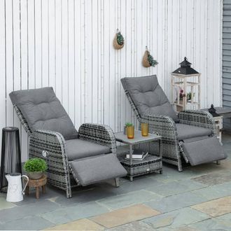 OUTSUNNY 3 PCs Rattan Chaise Lounge Sofa Set w/ Cushion for Patio Yard Porch in Grey