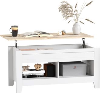 OEM Mesa De Centro Elevable Con Encimera Elevable Y Espacio Oculto De Almacenaje 105x50x49 Cm Blanco Y Natural