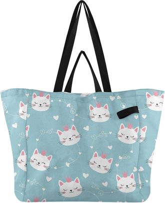 Generic Cats Hearts White pattern Reusable Canvas Tote Bag, Heavy Duty Grocery Shopping Bag with Large Capacity Hard Bottom Double Handles Work Groceries Trav