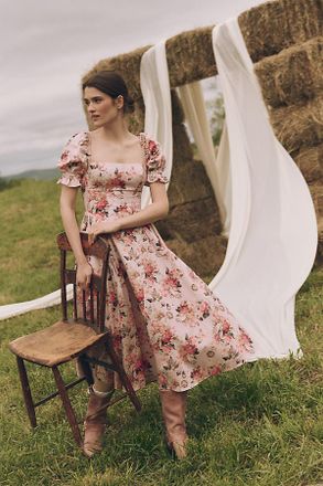 Mare Mare Square-Neck Puff-Sleeve A-Line Midi Dress