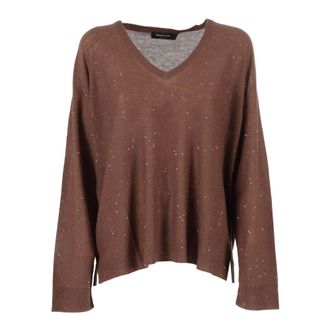 Fabiana Filippi V-neck Knitwear, female, Brown, Size: M Maglia scollo V manica 3/4 in lana con paillettes