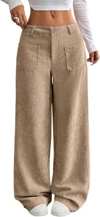 Generic Womens Corduroy Wide Leg Trousers with Elastic Waist Ladies High Waisted Baggy Pants with Pockets Autumn Casual Loose Fit for Daily Outdoor Streetwear