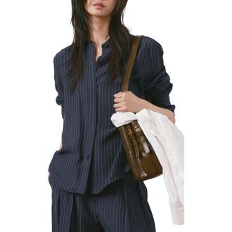 Mango Pinstripe Button-Up Shirt in Navy at Nordstrom, Size 8