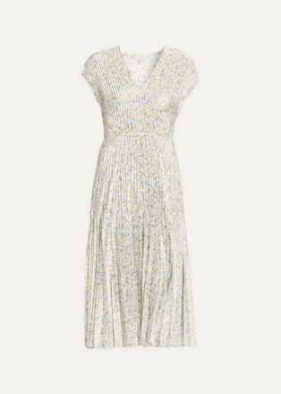 Vince Citrine Bloom Pleated Satin Dress