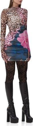 AFRM Darcie Print Long Sleeve Mesh Minidress in Animal Block Peony at Nordstrom, Size X-Large