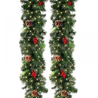 OEM Guirnalda Artificial De &Aacute;rbol De Navidad Con Luces De 270 Cm - 50 Led - 230 Cabezas - Pi&ntilde;as Y Bayas Rojas - Decoraci&oacute;n Navide&ntilde;a Para Chimenea Y Escale