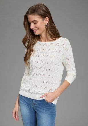 Laura Scott Ajourpullover LAURA SCOTT, Damen, Gr. 32/34, wei&szlig;, Strick, Obermaterial: 50% Baumwolle, 50% Polyacryl, unifarben, figurumspielend h&uuml;ftlang, U-Boot-Aus