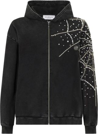 Philipp Plein Washed Zip Hoodie Spiderweb Strass - Dames - Vesten met rits - Zwart - M - Katoen - Hoodies & sweatvesten