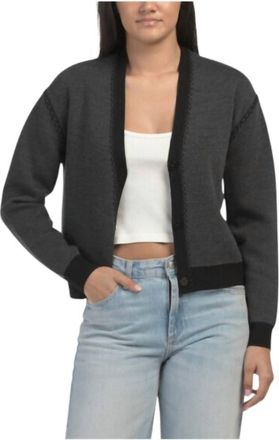 Theory Blanket Stitch Merino Wool Cardigan In Gray/ Black