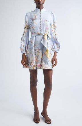Zimmermann Rebellion Long Sleeve Linen Belted Minidress in Blue Aviary at Nordstrom, Size 0P