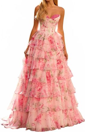Sherri Hill Strapless Floral Ballgown In Pink Print
