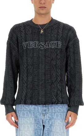 Versace Mens Knit With Greek Braid Work - Dark Grey Cotton - Size EU 48 (Mens)