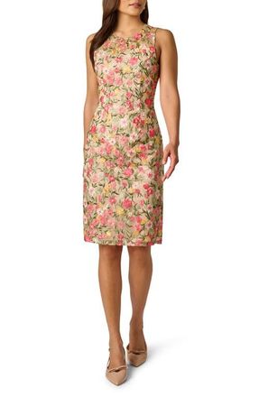 Adrianna Papell Floral Embroidered Illusion Sheath Dress in Coral Multi at Nordstrom, Size 14