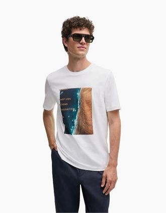 HUGO BOSS Mens Text Graphic Crew Neck Short Sleeve Jersey T-Shirt - White - Size: 40