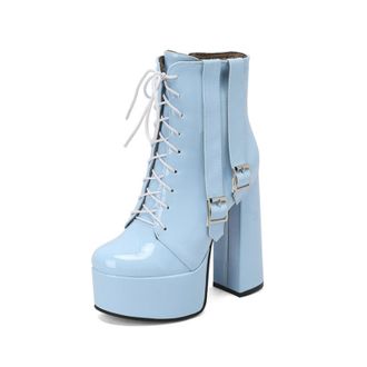 Generic Womens Lace Up Platform Ankle Boots Platform Chunky Heel Trendy Booties with Side Buckles,Blue,1.5 UK