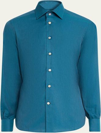 Kiton Mens Modern Fit Cotton Micro-Herringbone Sport Shirt