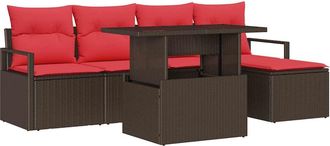 vidaXL Conjunto De Sof&aacute; De Jard&iacute;n 6 Uds. Marr&oacute;n Y Rojo Rat&aacute;n Sint&eacute;tico Vidaxl