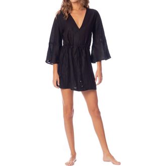 Maaji Jade Joy Bell Sleeve Linen Cover-Up Minidress in Black at Nordstrom, Size Large