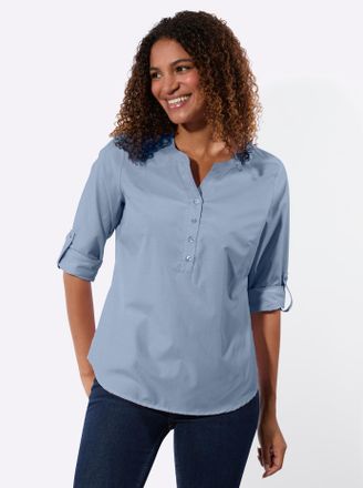 Casual Looks Longbluse CASUAL LOOKS, Damen, Gr. 36, bleu, 50% Baumwolle, 50% Polyester, unifarben, Rundhals, Blusen Longbluse