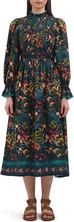 Celina Moon Aurnia Floral Long Sleeve Midi Dress in Navy/Teal/Orange Multi at Nordstrom Rack, Size X-Small