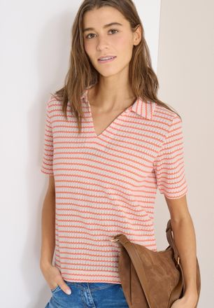Cecil T-Shirt CECIL, Damen, Gr. XXL (46), cherry tomato orange, Jersey, Obermaterial: 70% Baumwolle, 19% Polyester, 11% Viskose, gestreift, l&auml;ssig geschnitt