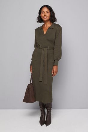 Wallis Womens Collared Belted Midi Dress - Khaki Viscose - Size X-Large
