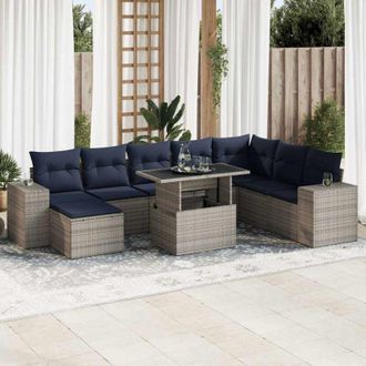 vidaXL Set Sof&aacute;s Jard&iacute;n Y Cojines 9 Pzas Rat&aacute;n Sint&eacute;tico Acacia Gris Vidaxl