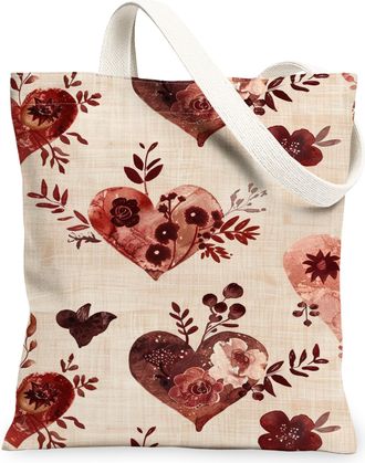 Generic Heart Floral Canvas Tote Bags, Vintage Romantic Plant Pattern Reusable Grocery Bags, Lightweight Washable Shoulder Strap Ca, Beige, 13x15 Inch