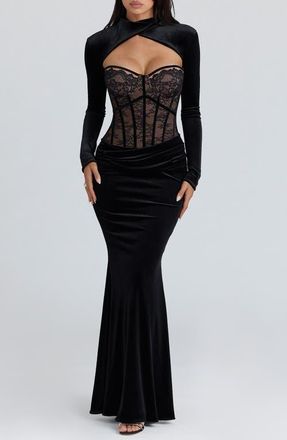 House of CB Ayana Strapless Lace & Velvet Mermaid Gown & Bolero Set in Black at Nordstrom, Size X-Small A