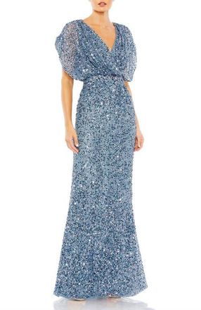Mac Duggal Draped Sleeve Sequin V-Neck Gown in Slate Blue at Nordstrom, Size 18