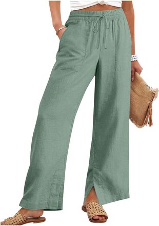 Generic Linen Trousers Womens Straight Leg Trousers Elasticated Waist Drawstring Cotton Palazzo Pants Ladies Casual Pants with Pockets Womens Fashion (Mint Gr