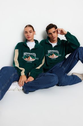 Trendyol MAN Unisex Groen Slogan Lang Oversized Sweatshirts