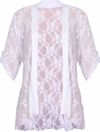 Purple Hanger Womens Floral Lace Short Turn Up Cuff Sleeve Ladies Waterfall Front Open Cardigan Top Plus Size White Size 22 - 24