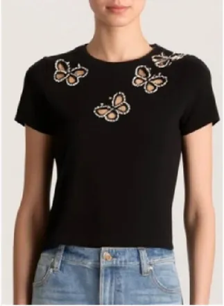 Alice & Olivia Cindy Embellished Cropped Tee With Cutouts In Black/silver Crystal