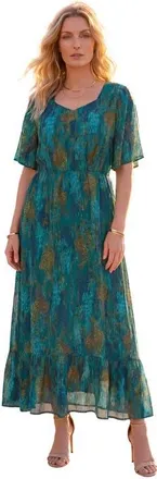 Roaman's Hand Crinkled Flutter Sleeve Maxi Dress in Lagoon Speckle Animal at Nordstrom, Size 32