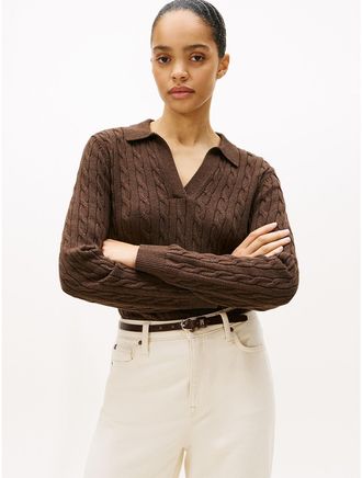 Tommy Hilfiger Womens Open Placket Cable Knit Sweater Polo - Brown - XXL