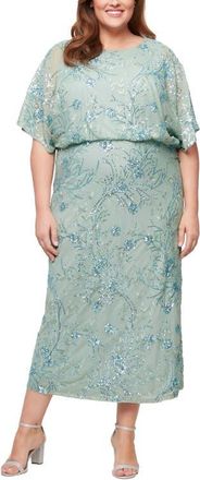 S.L. Fashions Sequin Blouson Midi Dress in Sage at Nordstrom, Size 16W