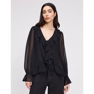 Finery Jannelle Sheer Ruffle Detail Blouse in Black at Nordstrom, Size 10