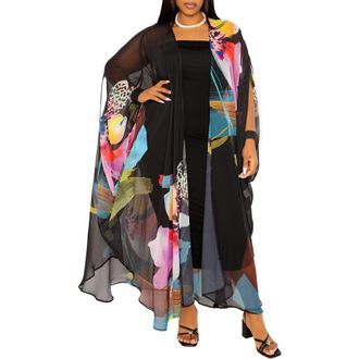 Buxom Couture Floral Robe with Wristband in Black Multi at Nordstrom