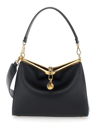Etro Medium Vela Black Shoulder Bag With Logo And Pegasus Charm In Leather Woman